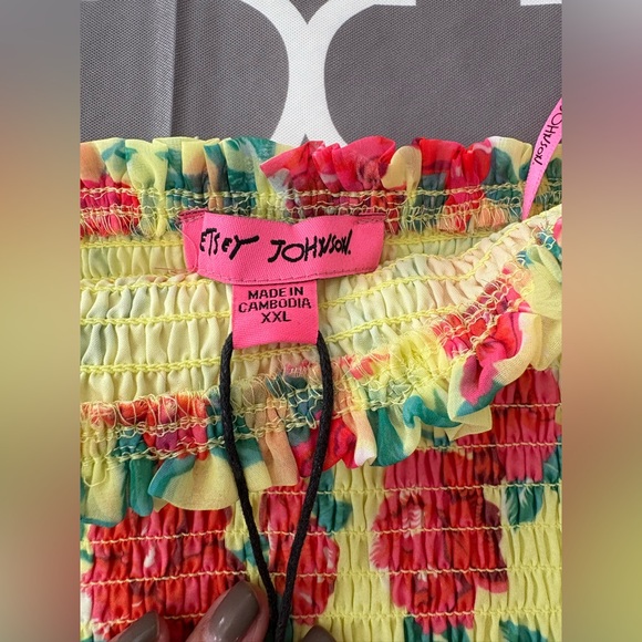 BETSEY JOHNSON Babydoll Yellow Floral Off-Shoulder Puffy Sleeve Mini Dress - Picture 3 of 8